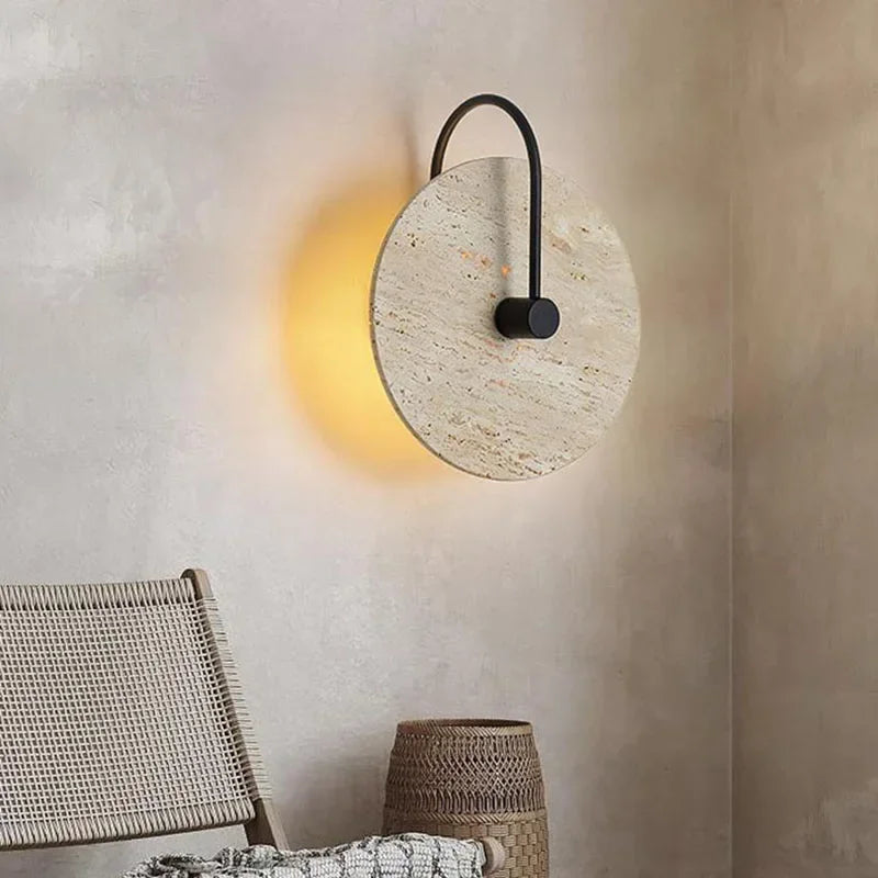 Axyaa Round Stone LED Wall Lights Black Metal Sconce Lamp
