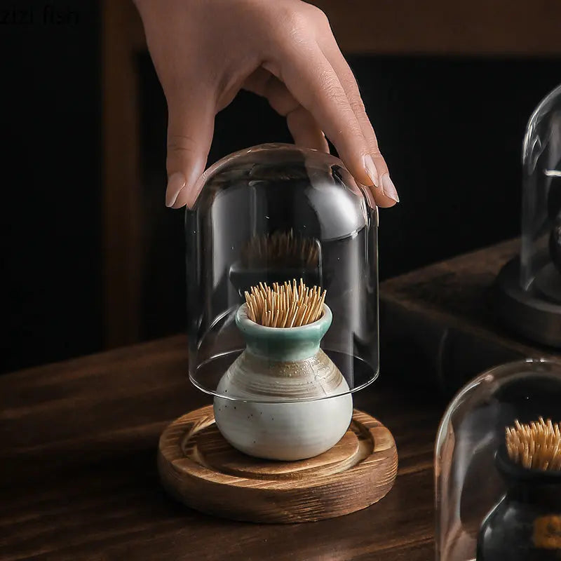 Axya Retro Ceramic Toothpick Box Glass Cover Holder
