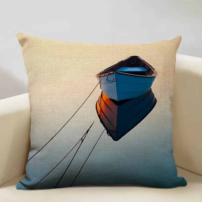 Axyaa Boat Pattern Linen Cushion Cover for Home Sofa Decor