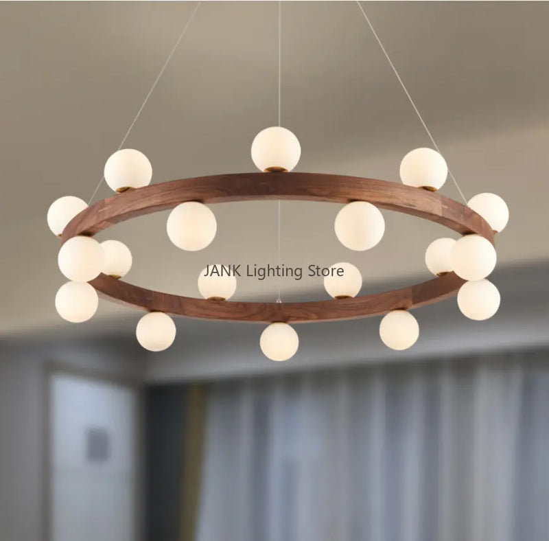 Modern White Glass Walnut Pendant Chandelier for Living Dining Room - Axyaa