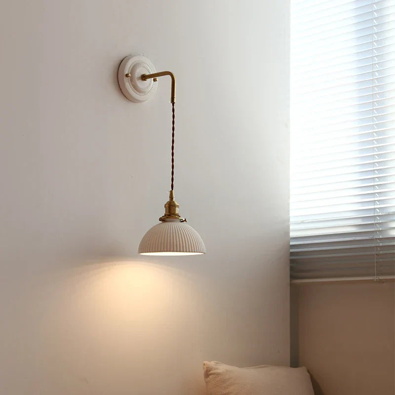 Axyaa Small Pleats Ceramic LED Wall Light Fixture Copper Arm Pull Chain Switch
