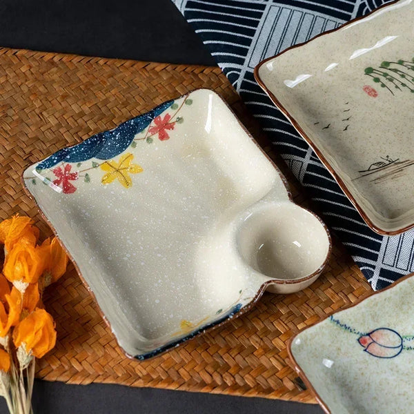 Axya Japanese Ceramic Dumpling Plate Set with Vinegar and Soy Sauce Dishes