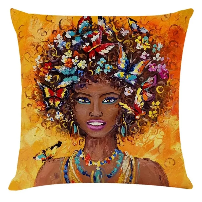 Axyaa African Women Style Linen Pillow Cover 45x45cm