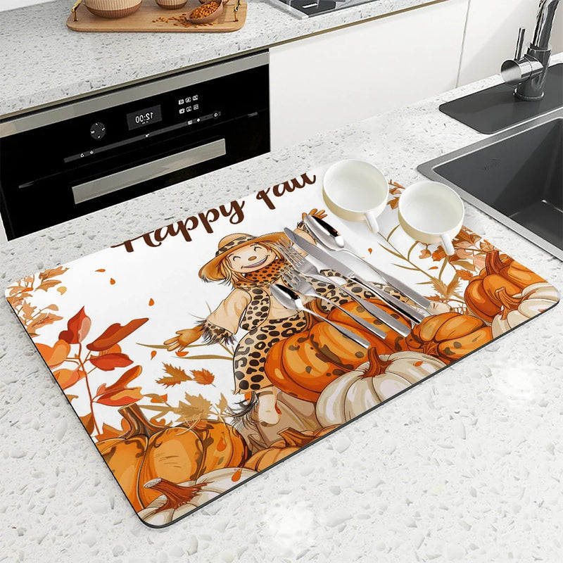 Axyaa Watercolor Pumpkin Draining Mat for Kitchen and Bathroom