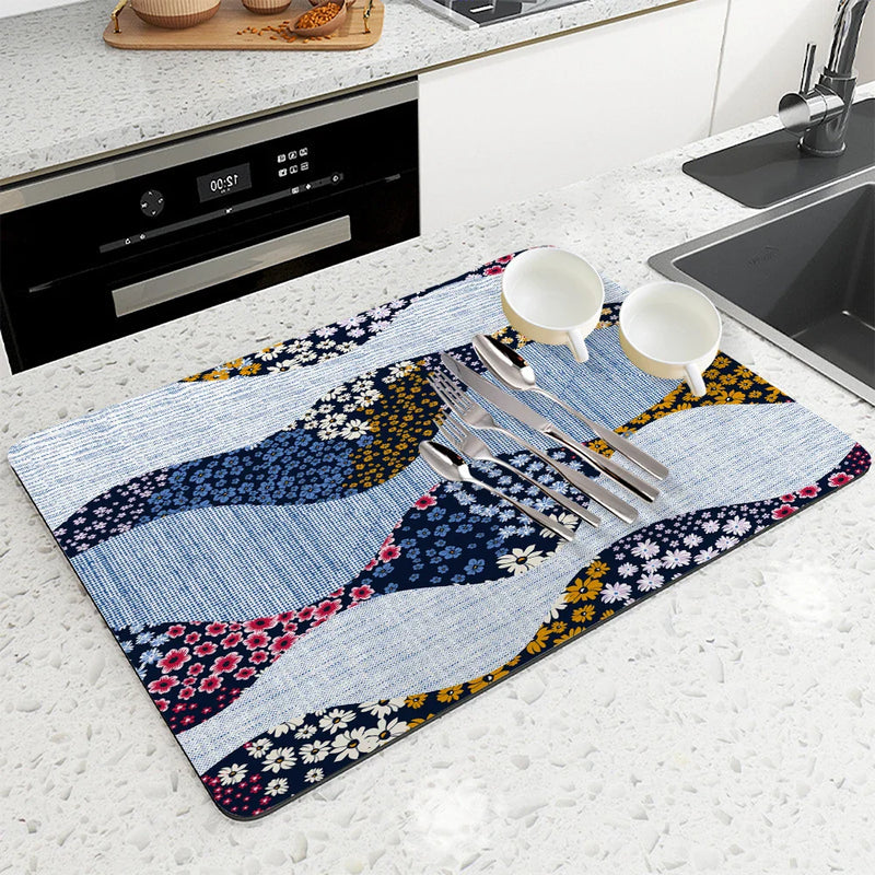 Axyaa Floral Geometry Kitchen Absorbent Draining Mat - Quick Dry Drain Pad