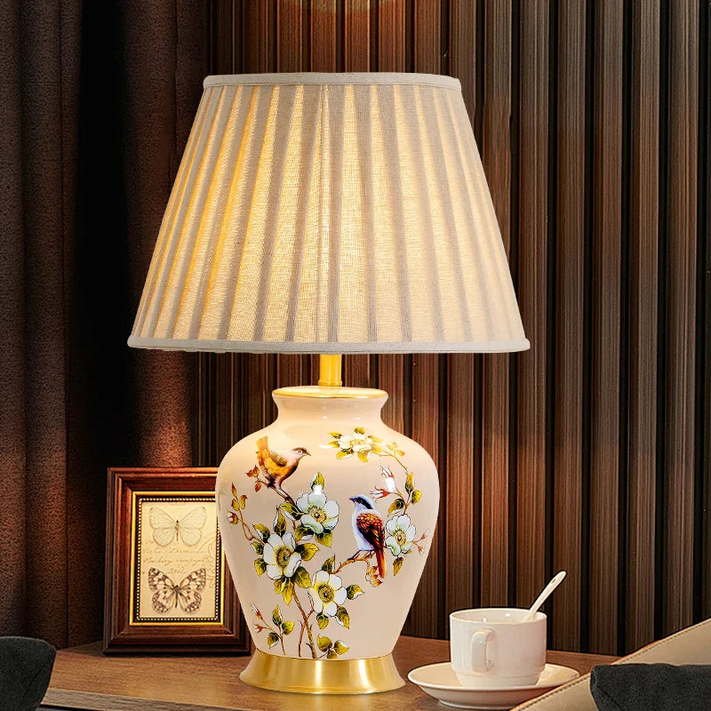 Axyaa Retro Flower Bird Ceramic Table Lamp Bedroom Living Room Study New Chinese Style