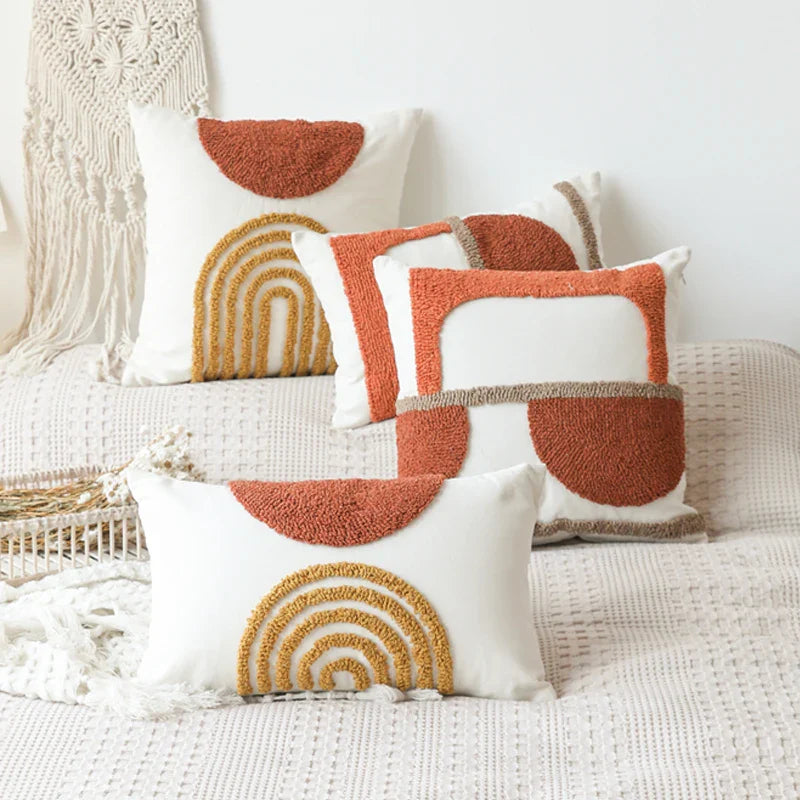 Axyaa Burnt Orange Gematric Tufted Half Circle Cushion Cover for Home Decor