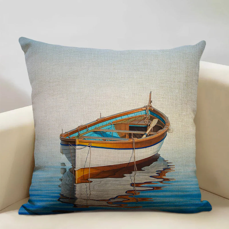 Axyaa Boat Pattern Linen Cushion Cover for Home Sofa Decor