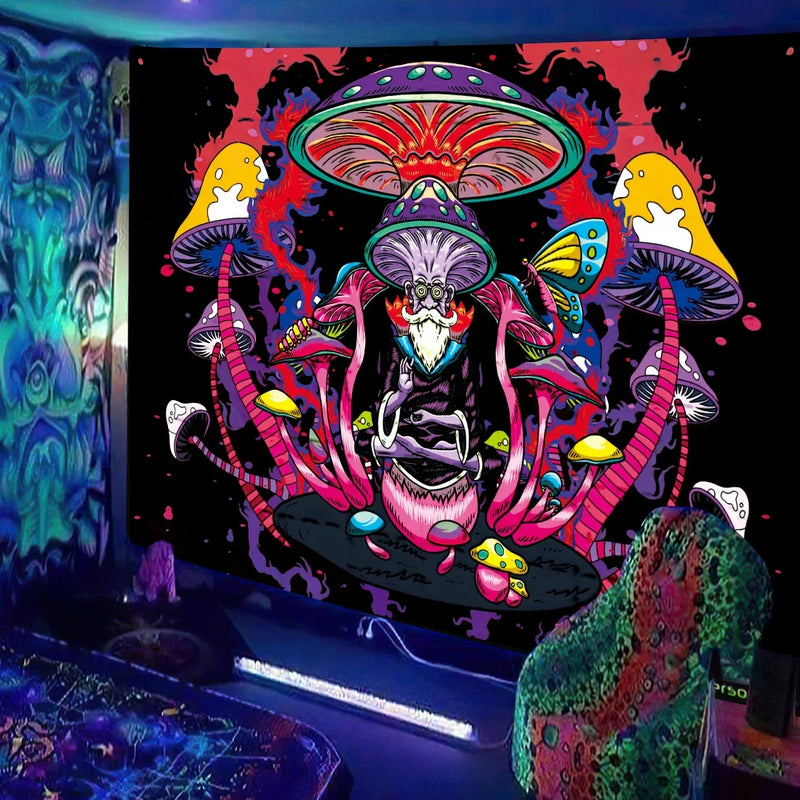 Axyaa UV Mushroom Fractal Tapestry - Psychedelic Wall Art for Bedroom, Dorm Room
