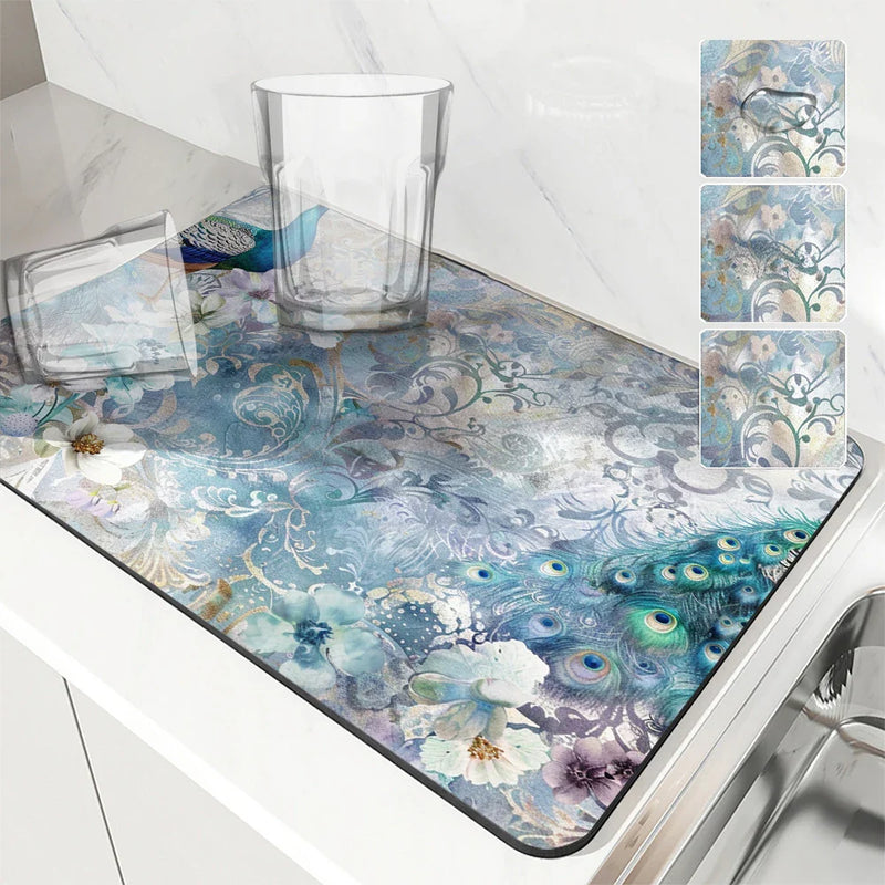 Axyaa Vintage Peacock Draining Mat - Quick Dry Kitchen & Bathroom Drain Pad