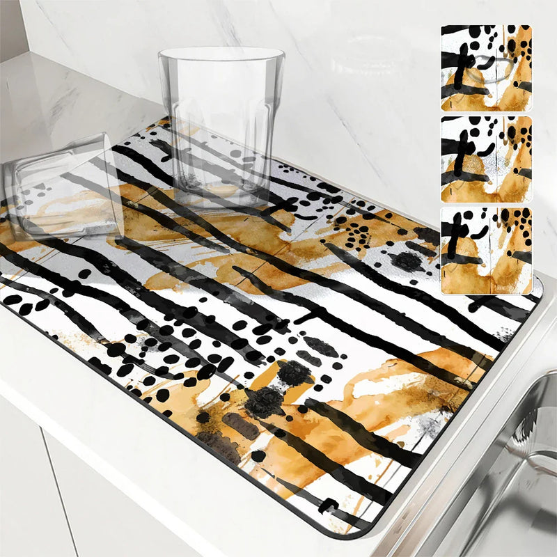 Axyaa Diatom Mud Kitchen Drain Pads: Leopard Geometric Absorbent Tableware Mat