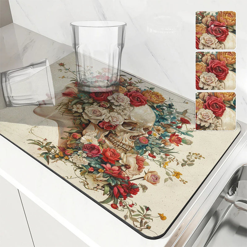 Axyaa Floral Skull Absorbent Dish Drying Mat with Rubber Backing