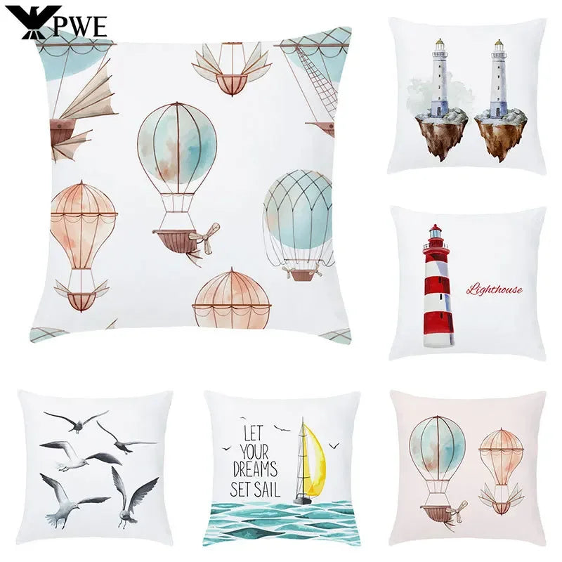 Axyaa Cartoon Sailboat Hot Air Balloon Lighthouse Cushion Cover