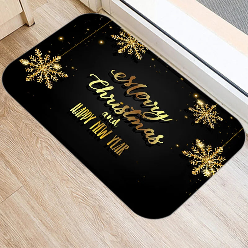 Axyaa Merry & Happy Year Door Mat: Golden Black Letter Print, Non-Slip Floor