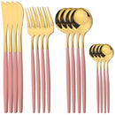 Axyaa 16-Piece Stainless Steel Black Gold Cutlery Set Silverware Dinnerware Flatware
