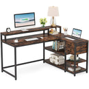 Axyaa Industrial L-Shaped Desk with Drawer, Shelves, Monitor Stand - Home Office Corner Table