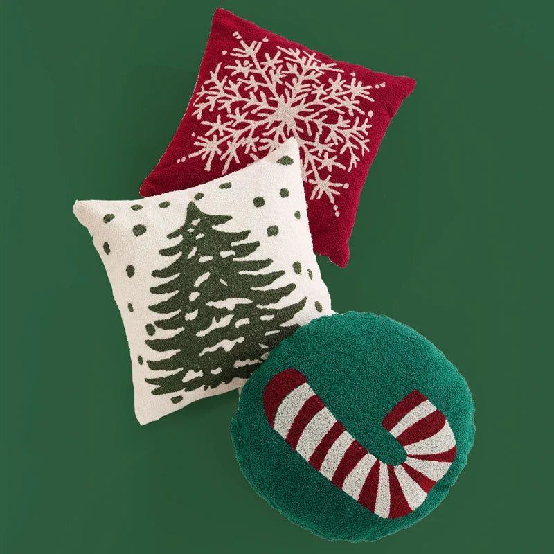 Axyaa Christmas Tree Snowflake Cushion Cover in Green and Red, Embroidered 45x45cm Square Pillowcase
