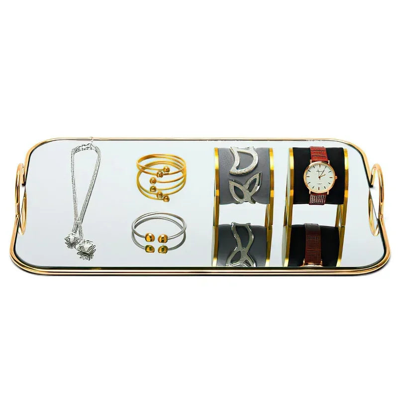 Axya Golden Handle Metal Mirror Storage Tray for Jewelry, Cosmetics, Home & Kitchen