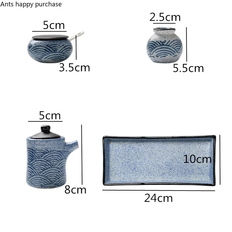 Axya Blue Fish Pattern Ceramic Spice Jar Set with Tray and Condiment Bottles