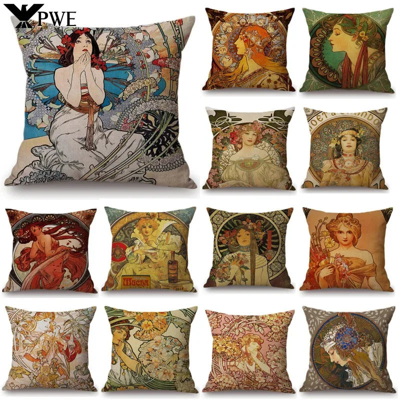 Axyaa Art Nouveau Mucha Gallery Cushion Cover - Beautiful Girl Pattern Linen Pillowcase