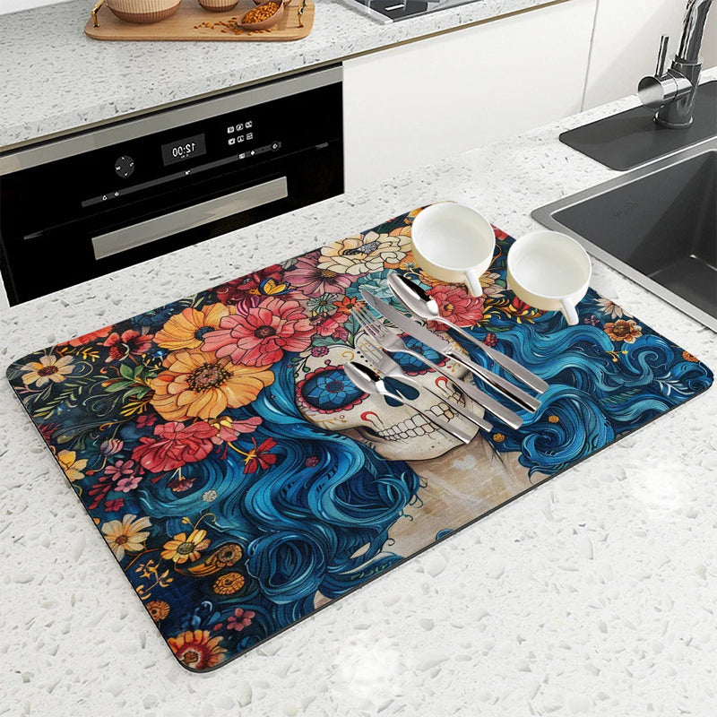 Axyaa Skull Desk Drying Mat: Heat Resistant Non-slip Kitchen Counter Pad