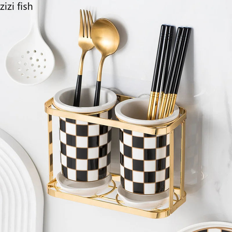 Axya Checkerboard Ceramic Chopsticks Holder Rack Wall-mounted Shelf