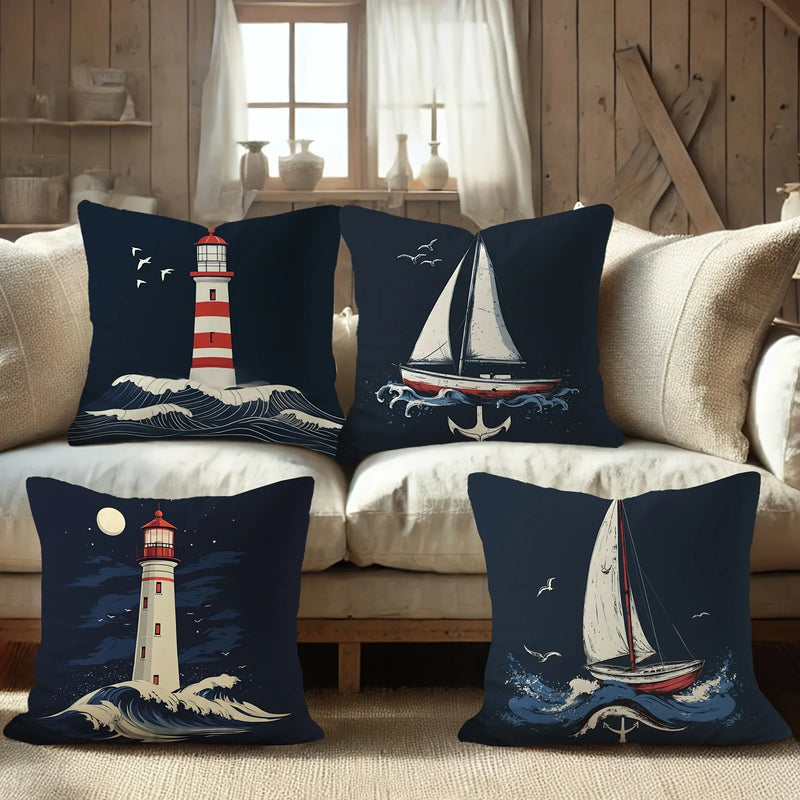 Nautical Coastal Velvet Pillow Covers Set - Lighthouse, Sailboat & Ocean Wave Designs