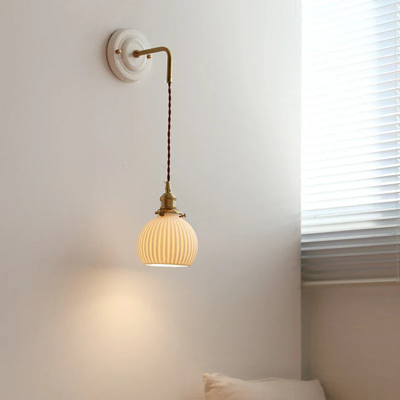 Axyaa Small Pleats Ceramic LED Wall Light Fixture Copper Arm Pull Chain Switch