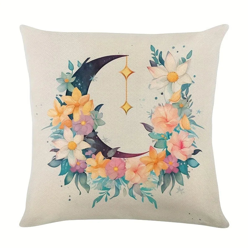Axyaa Ramadan Karim Pillowcase: Flower Crescent Moon Lamp Design Sofa Cushion Cover
