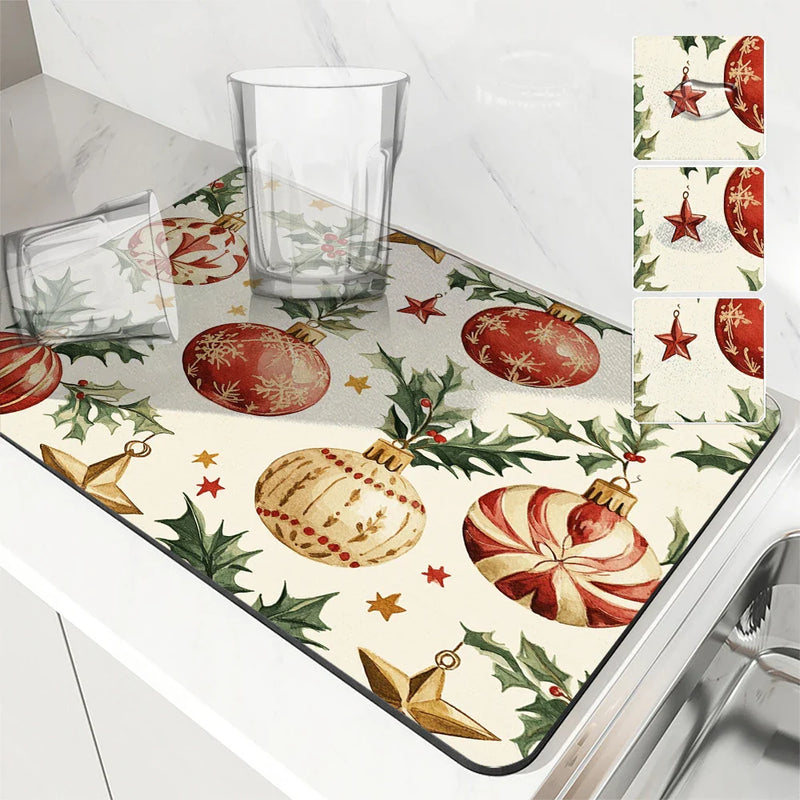 Axyaa Christmas Dish Drying Mat - Heat Resistant Non-slip Kitchen Counter Pad