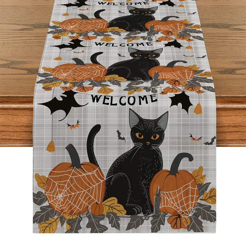Axyaa Halloween Plaid Pumpkin Cat Spider Table Runner for Home Wedding Party Decor