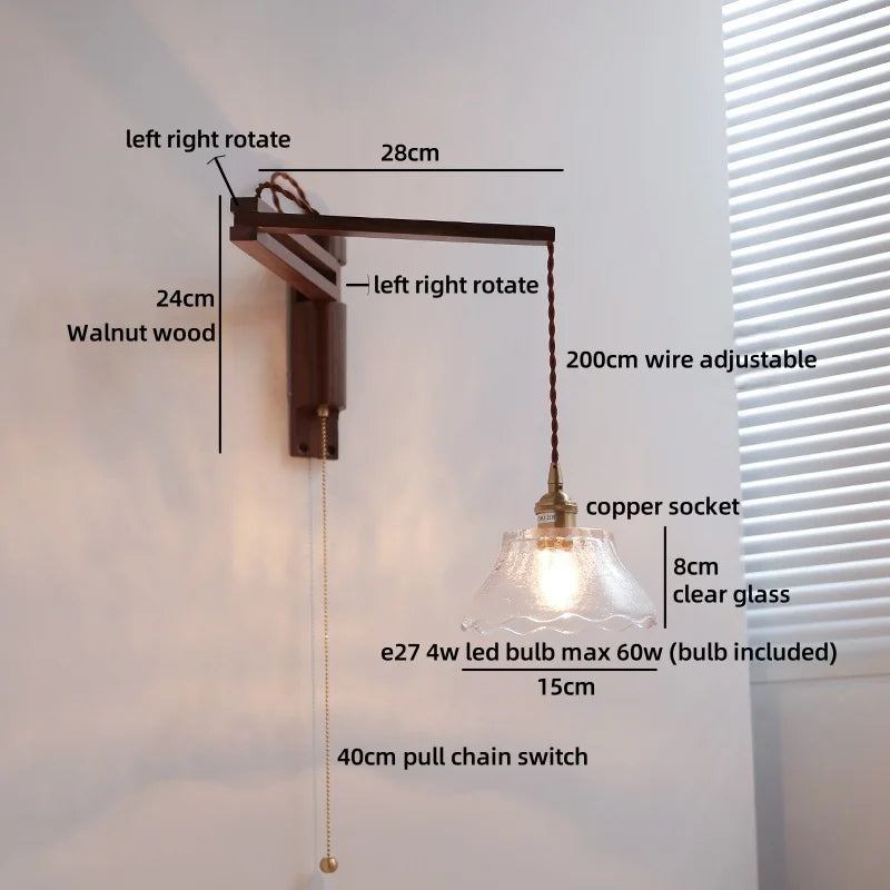 Axyaa Clear Glass LED Wall Sconce with Arm, Black Walnut Wood Stair Light
