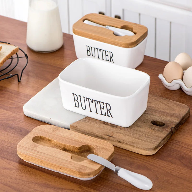 Axyaa Ceramic Butter Box with Knife - Rectangular Sealed Cheese Container