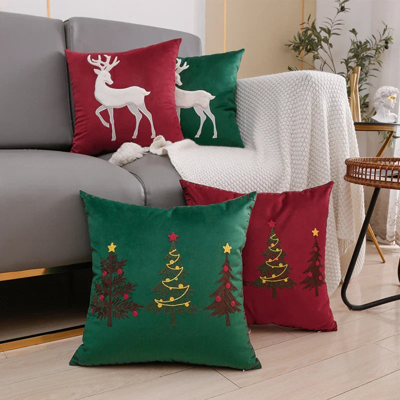 Axyaa Christmas Tree Deer Embroidery Cushion Cover 45x45cm Soft Velvet Square Pillow