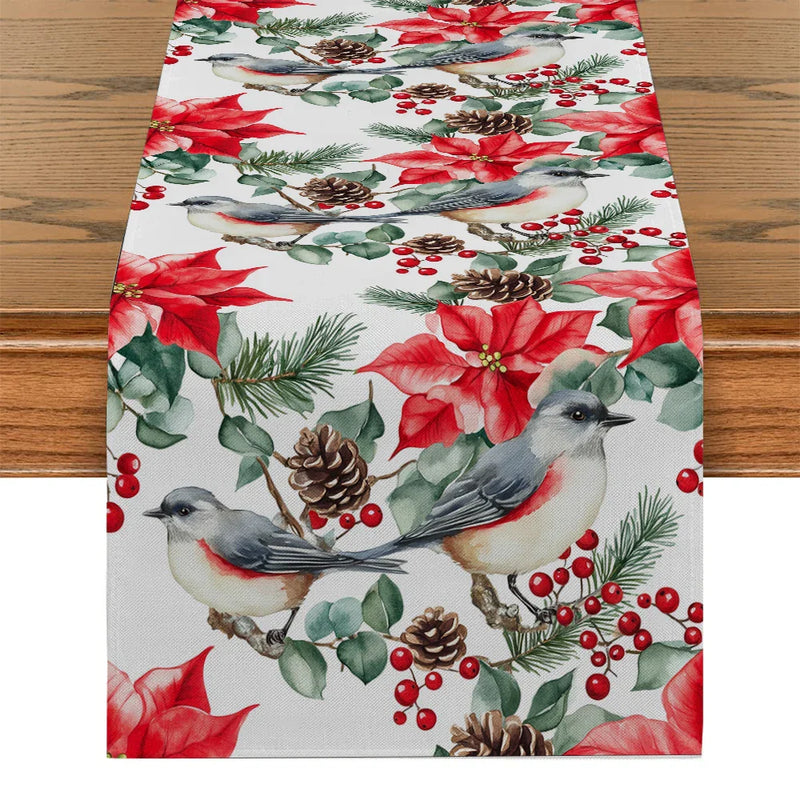 Axyaa Festive Table Runner - Christmas Bird Poinsettia Holly Fir Pine Cone