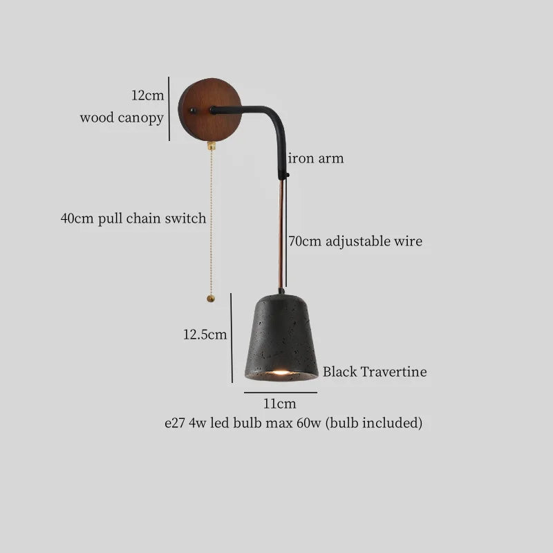 Axyaa Wabi Sabi LED Wall Light 70CM Black Travertine Bedside Lamps