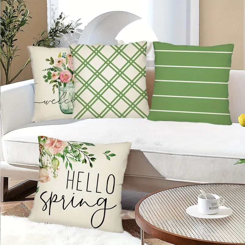 Axyaa Floral Green Plaid Striped Pattern Sofa Cushion Cover 45x45cm