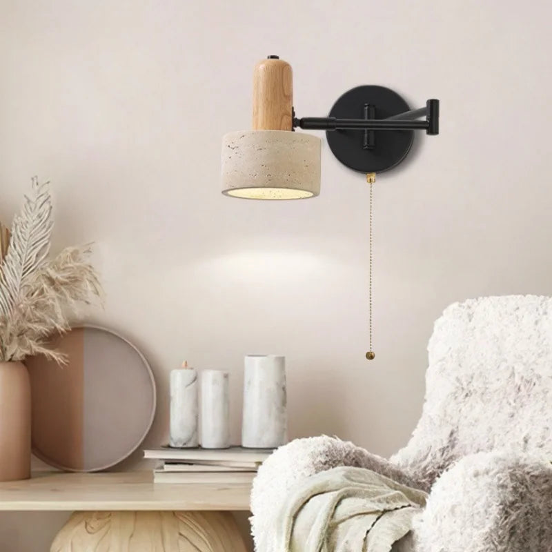 Axyaa Nordic Minimalism LED Wall Light Yellow Travertine Swing Arm Pull Chain Switch