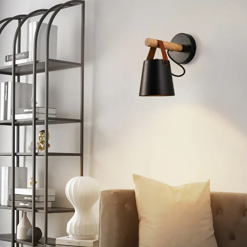 Nordic Wooden LED Wall Lamps by Axyaa: Leather Belt Iron Head Hanging Sconces for Indoor Decor Lighting