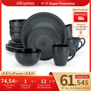 Axyaa Black Relief Ceramic Plates Set - 16/32 Piece Elegant Tableware.