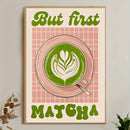 Axyaa Matcha Latte Art Canvas Poster on Pink Grid Background, Modern Living Room Wall Art