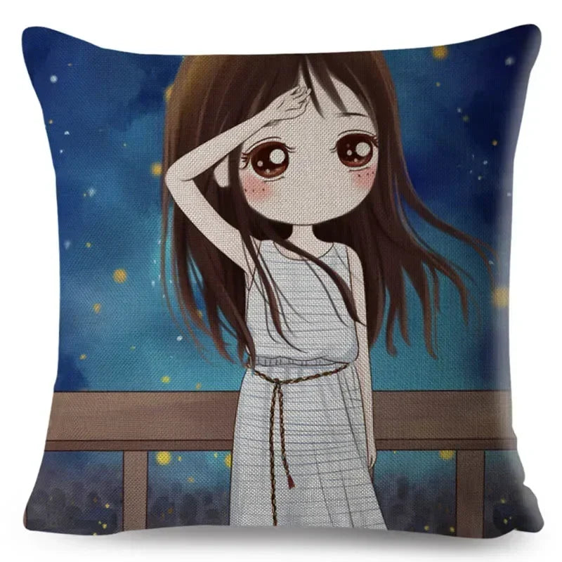 Axyaa Beautiful Girl Pattern Linen Pillowcase for Living Room and Bedroom
