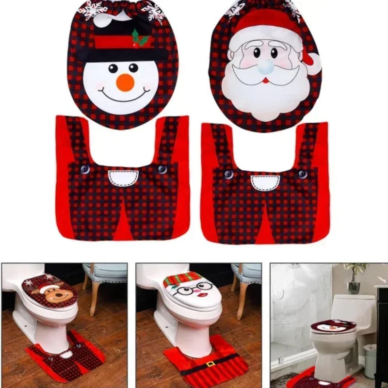 Axyaa Christmas Bathroom Set: Santa Claus Snowman Pattern Toilet Cover & Rug