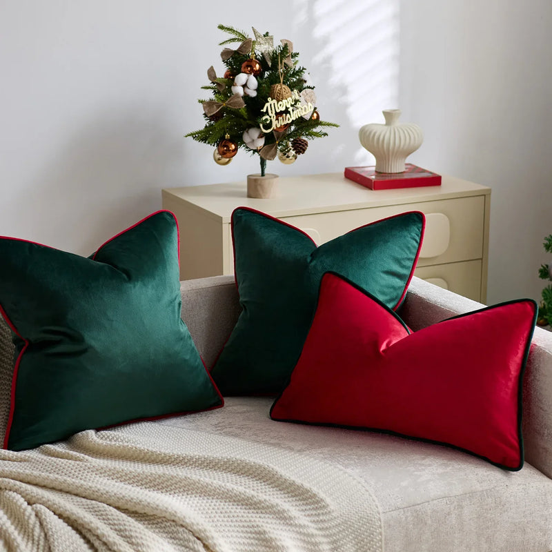 Axyaa Christmas Red Green Velvet Cushion Cover with Contract Piping - 45x45cm