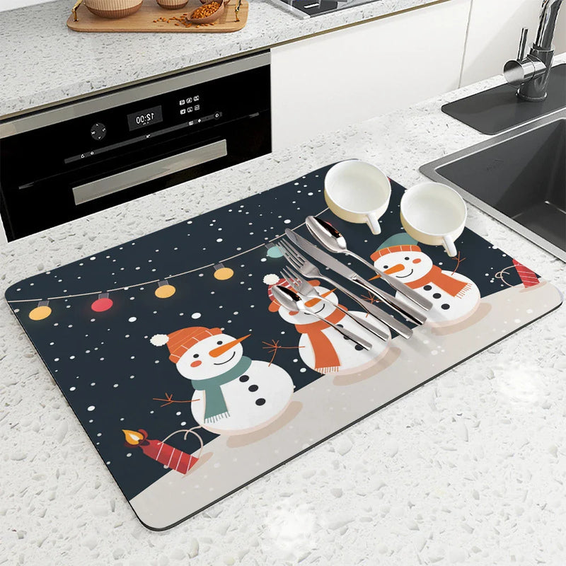 Christmas Snowmen Snowflakes Drying Mat for Kitchen Table Decoration - Axyaa