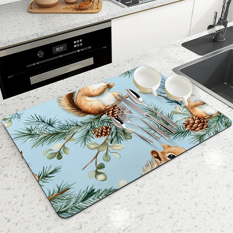 Axyaa Christmas Squirrel Kitchen Dish Mat - Absorbent Anti-slip Drying Pad