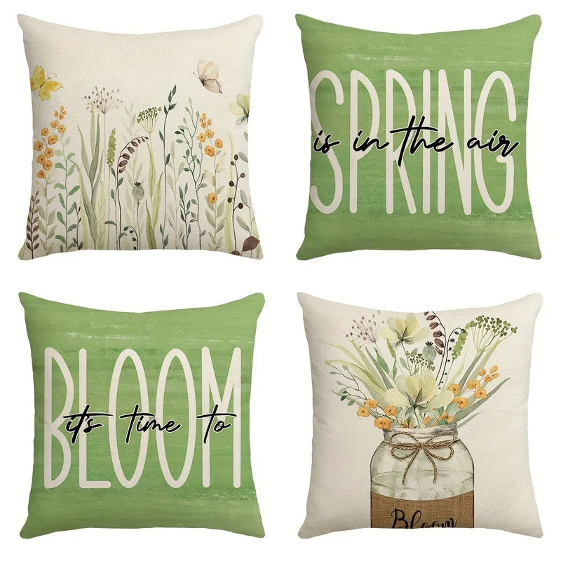 Axyaa Plant Flower Print Pillowcase - Green Polyester Cushion Cover