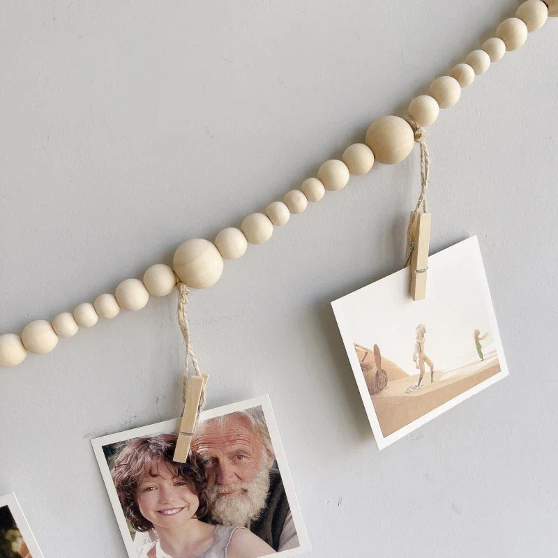 Wooden Bead Garland Photo Display Wall Decor by Axyaa