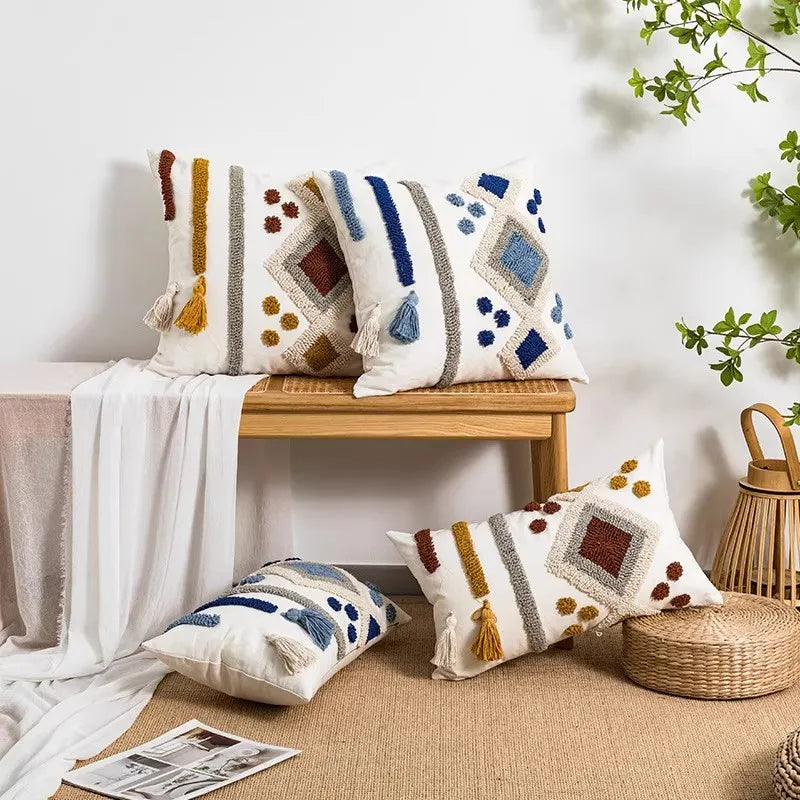 Boho Loop Tufted Tassel Pillow Cover for Home Decor by Axyaa