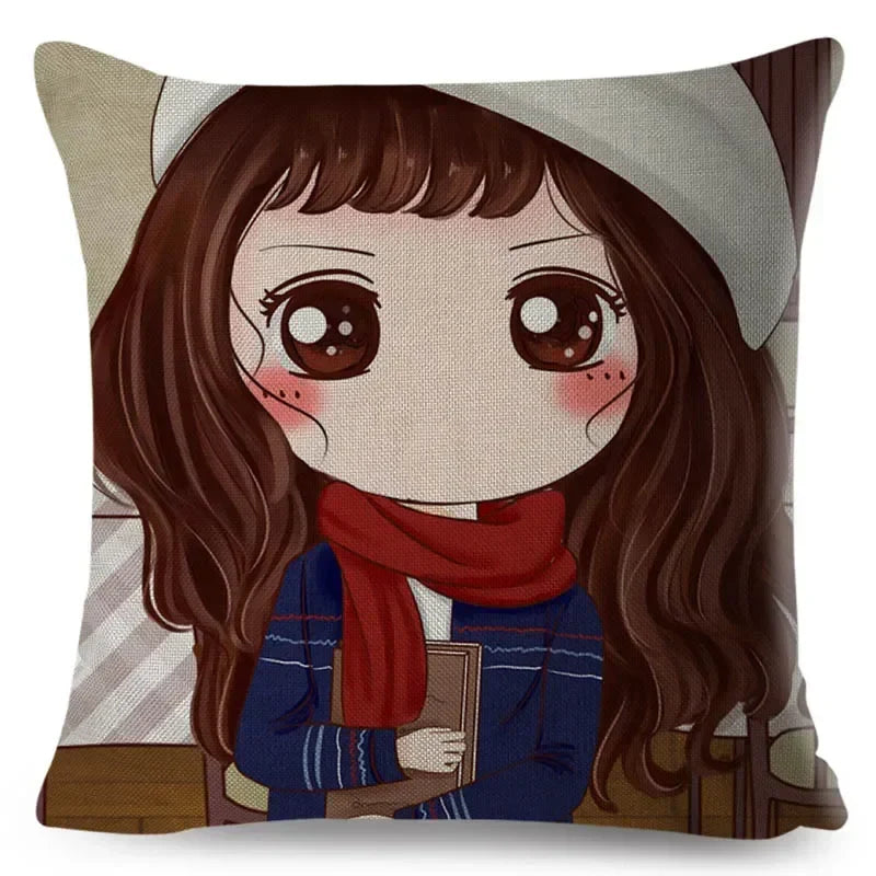 Axyaa Beautiful Girl Pattern Linen Pillowcase for Living Room and Bedroom